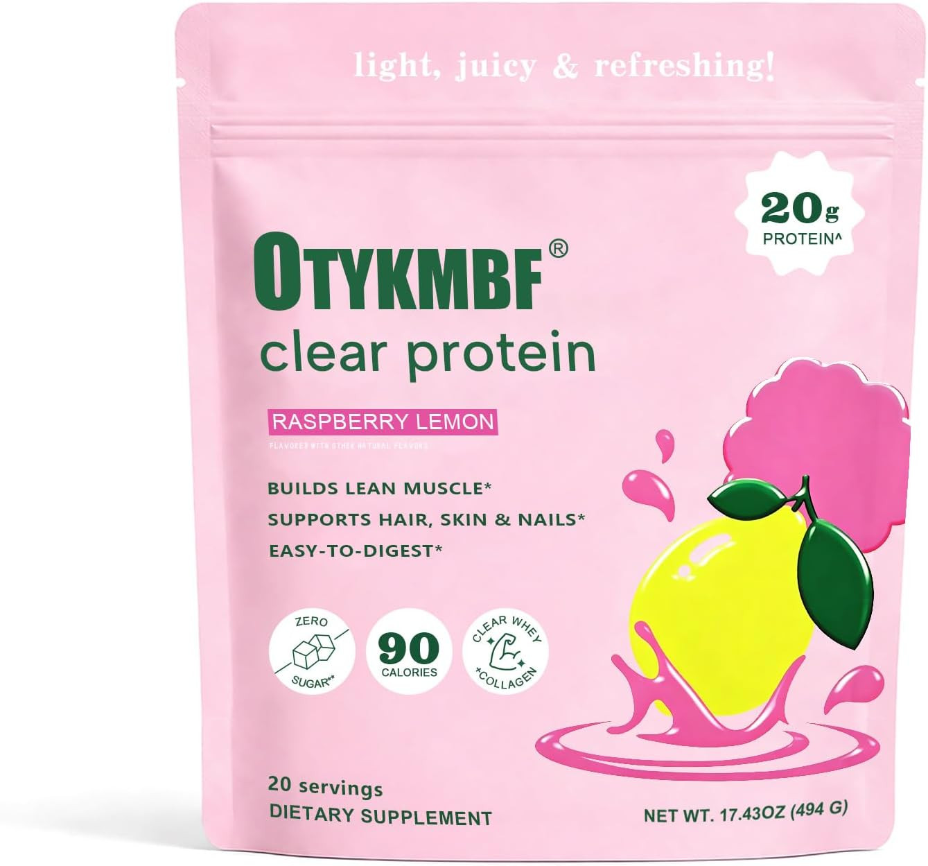 Clear Protein Powder 494G, Raspberry Lemon, 20G Protein, Whey Protein Isolate wi