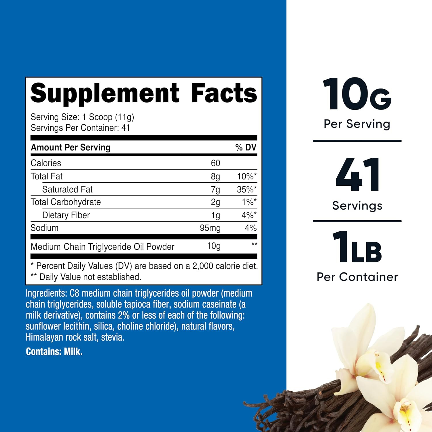 C8 MCT Oil Powder 1LB (16Oz) Vanilla Flavor C8 MCT Oil Powder Best for Keto Diet