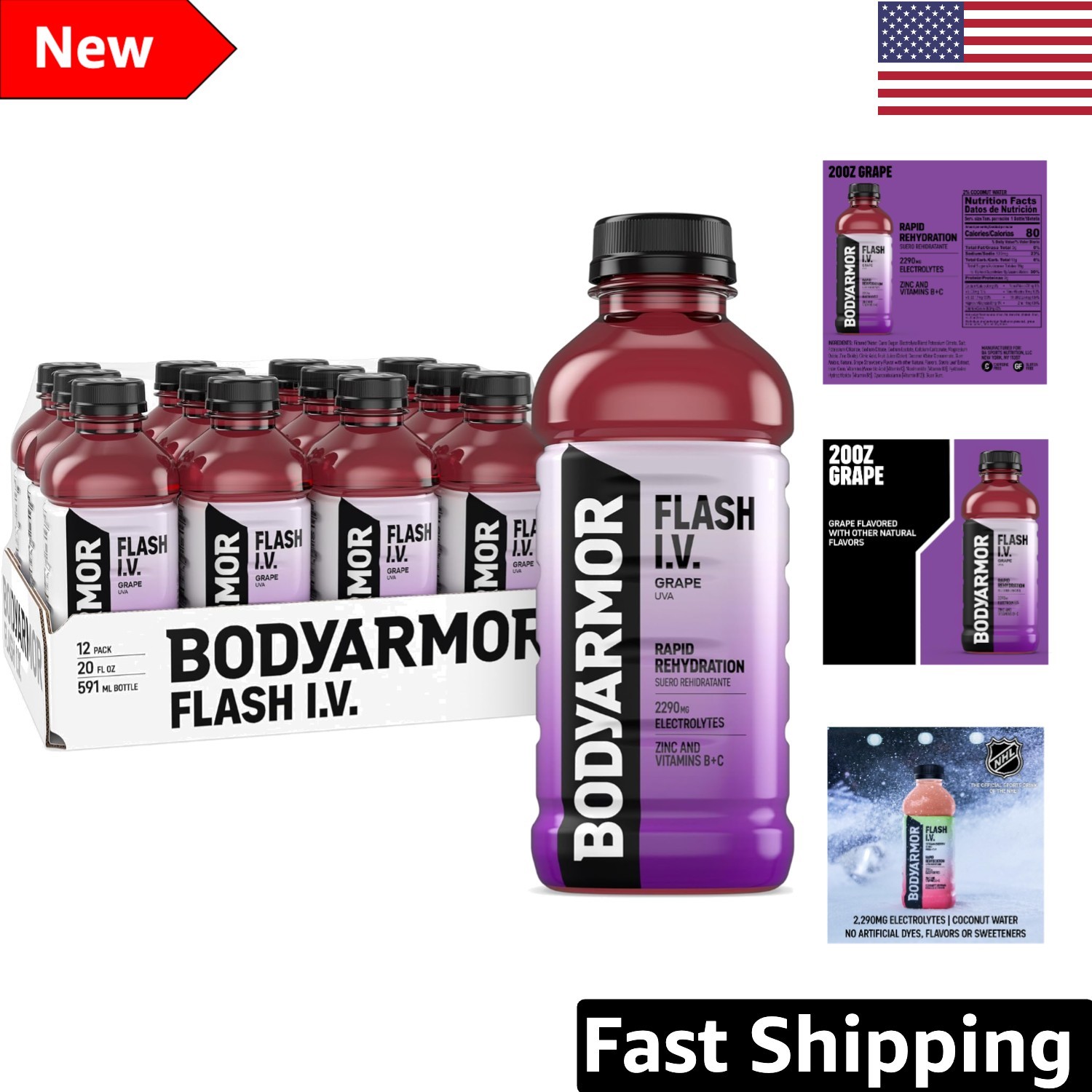 Flash I.V. Electrolyte Drink – Grape Flavor, 20 Fl Oz (Pack of 12) Hydration