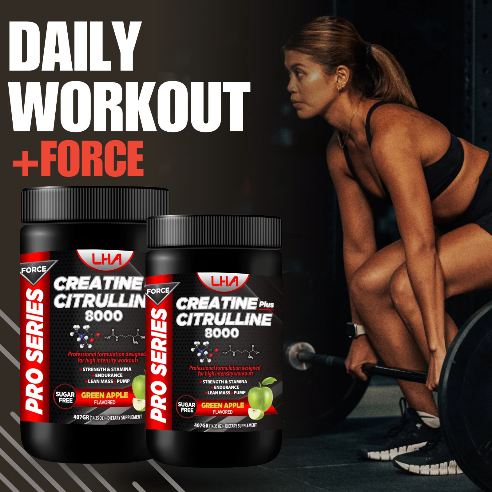 LHA Creatine Citrulline – 400g Workout Support, Green Apple flavor