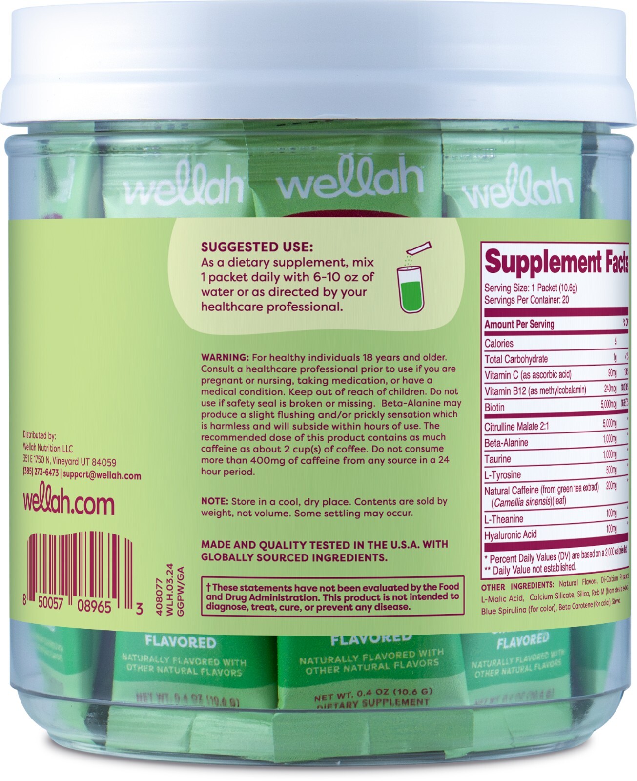 Wellah Get-Going Green Apple Flavored Pre-Workout Stickpacks (20 servings)