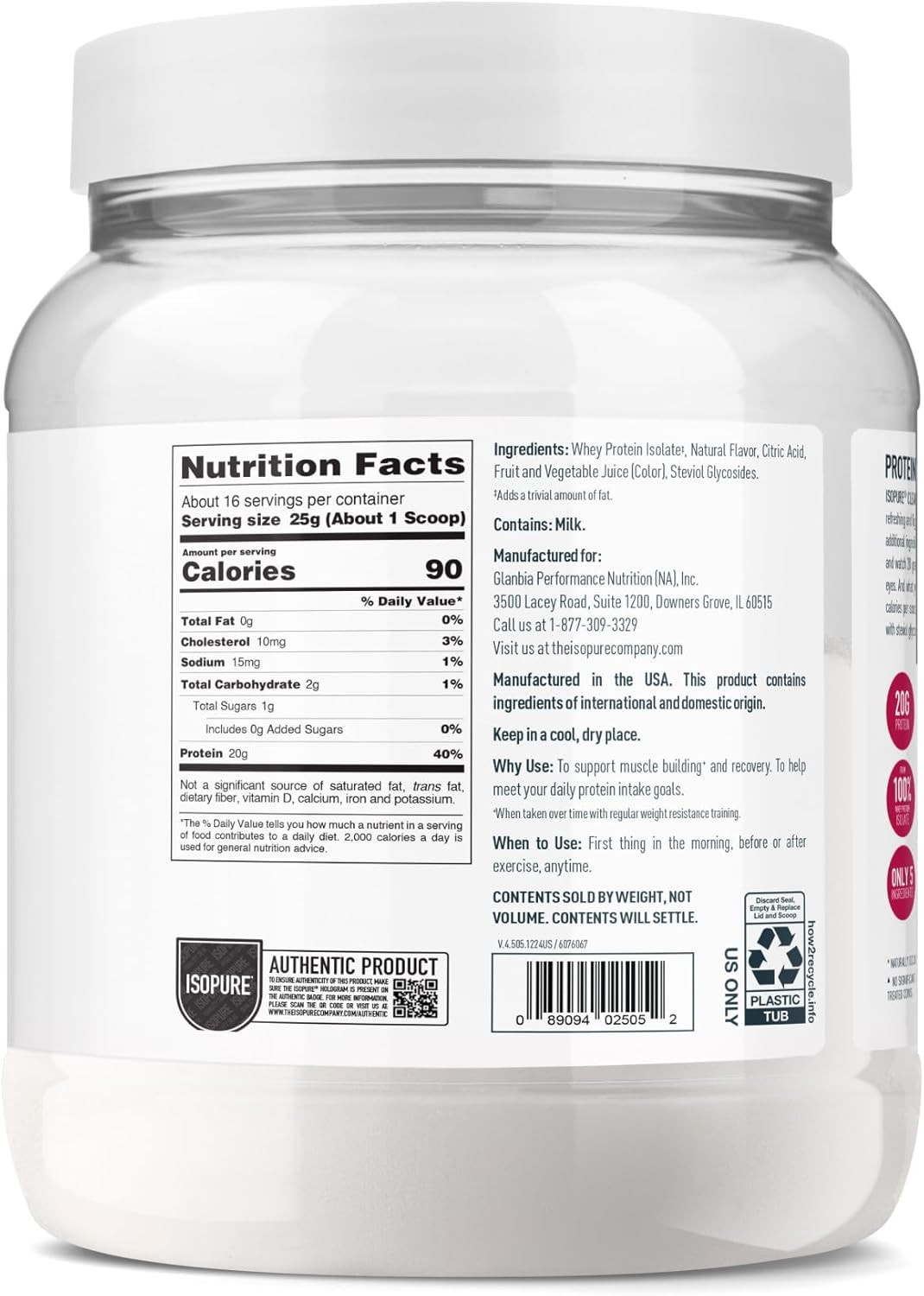 Clear Whey Isolate Protein Powder, Lactose Free, Gluten Free, Naturally Flavored