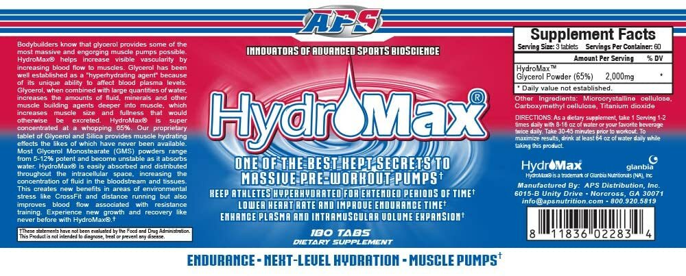 APS Hydromax Massive Preworkout Pump 65% Glycerol Powder 180 Tablets – 03/28