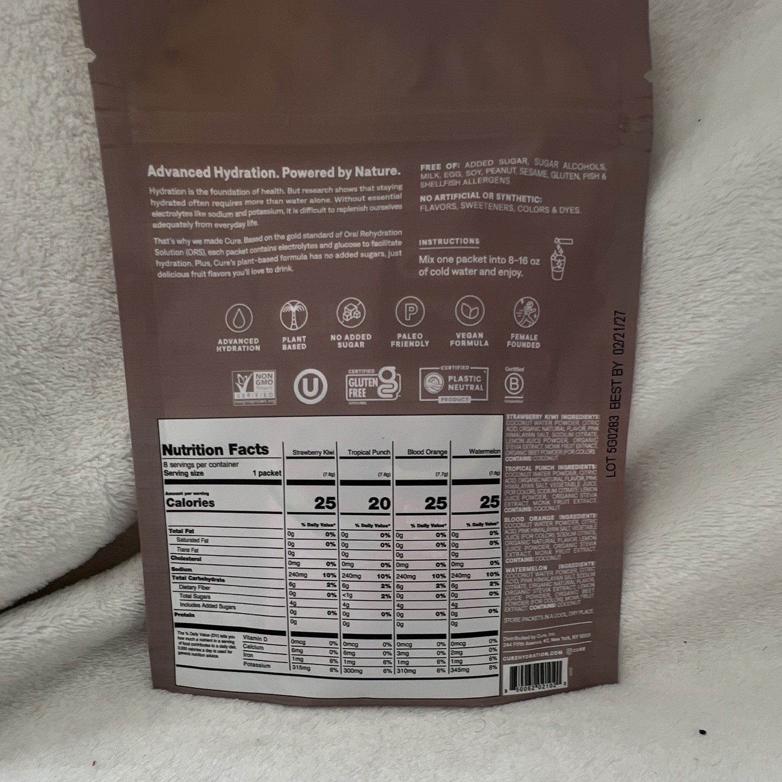 Cure Hydration Electrolyte Drink Mix Powder Tropical Variety 8 Packets 2.2 oz