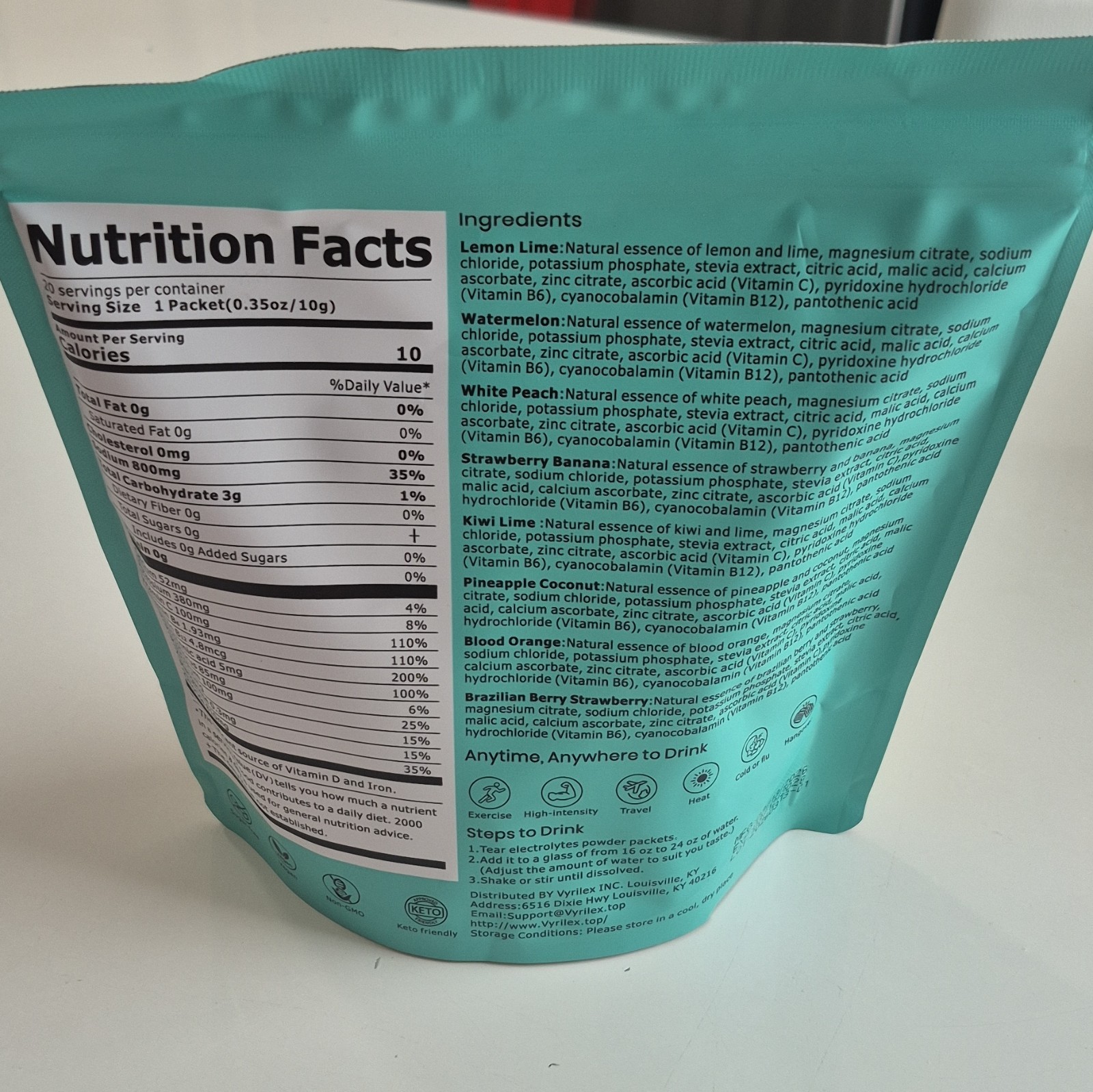 Vyrilex Electrolyte Hydration Powder Drink Mix Sugar-Free Keto Variety 20