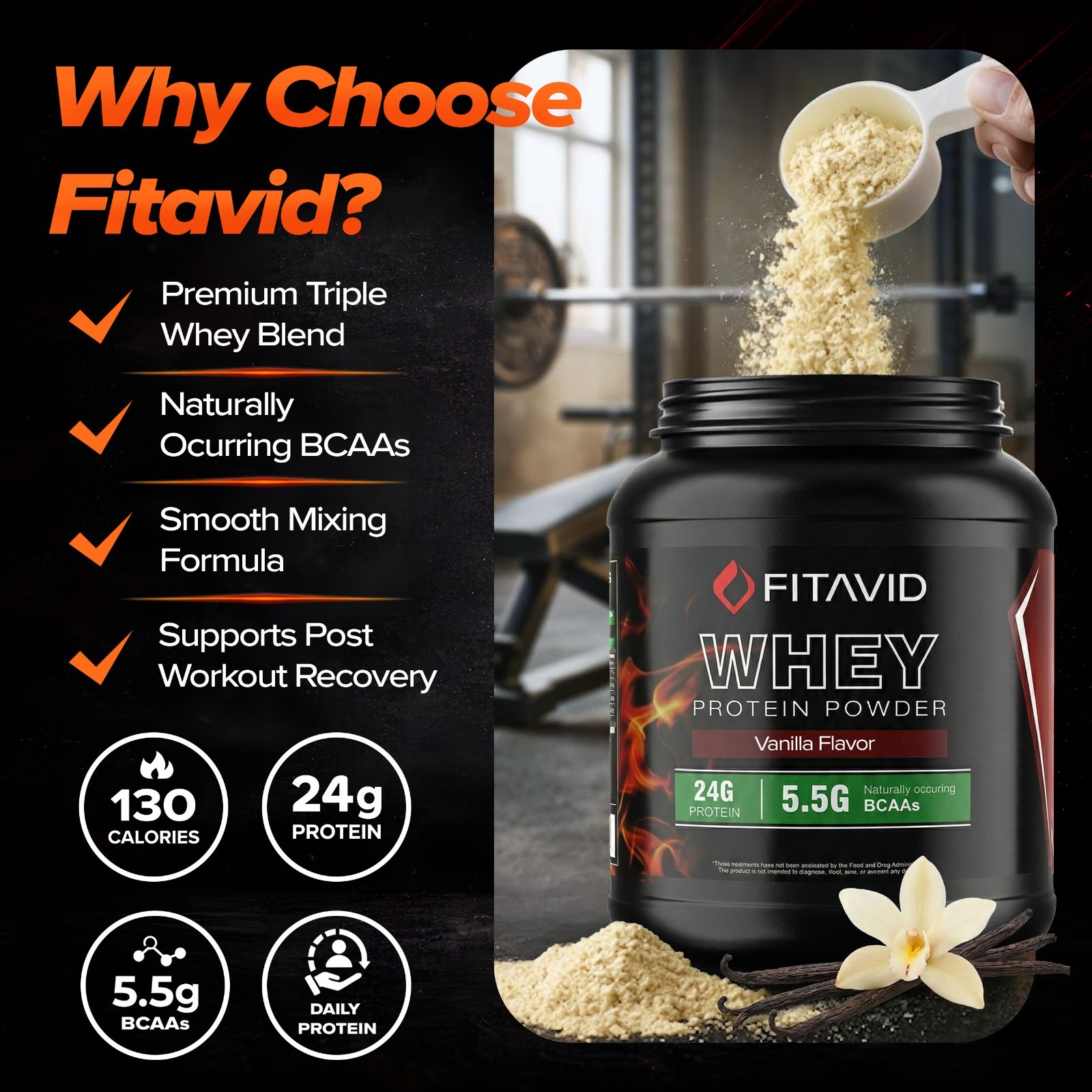 FITAVID Whey Protein Powder 2 lb Vanilla Chocolate Strawberry Fitness Shake