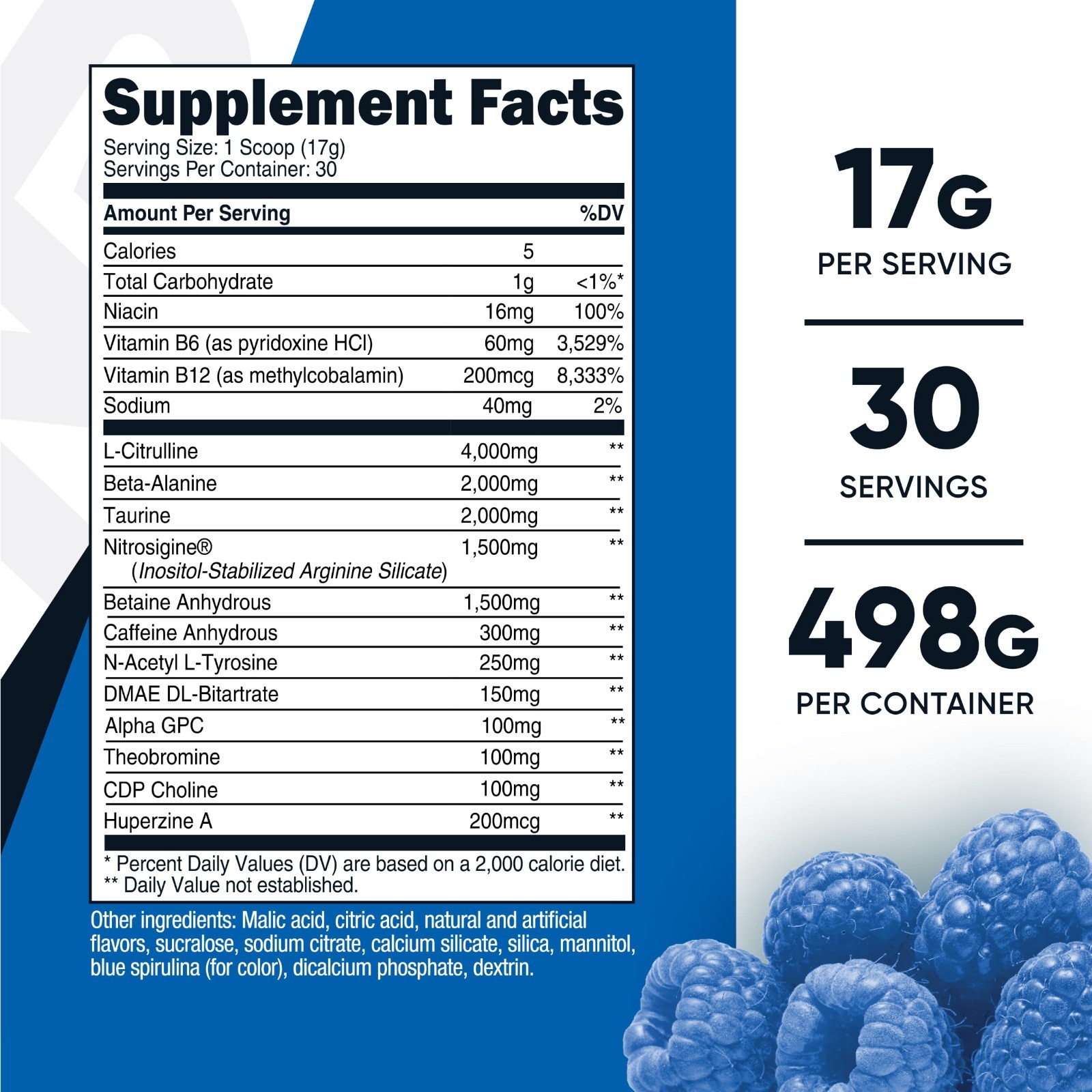 Pre-Workout Powder Complex – Blue Raspberry Flavor, 30 Servings, Vegan, Gluten-F