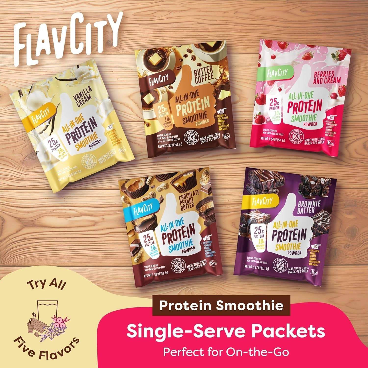 FlavCity Grass Fed Whey Protein Powder – Variety Pack – 25g Protein & 10g Collag