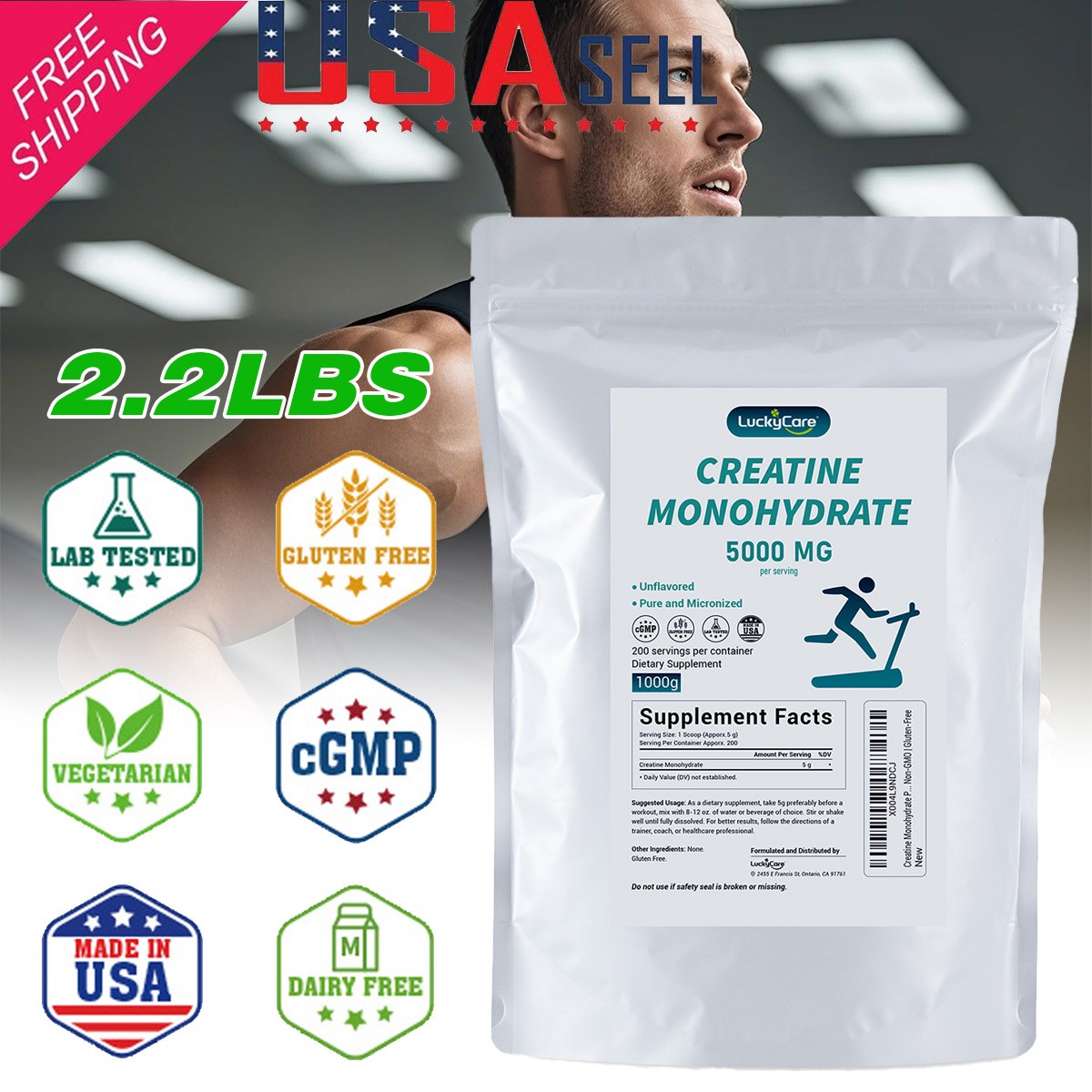 Pure Creatine Monohydrate Micronized Powder 2.2lbs 200 Servings 5g Per Serving