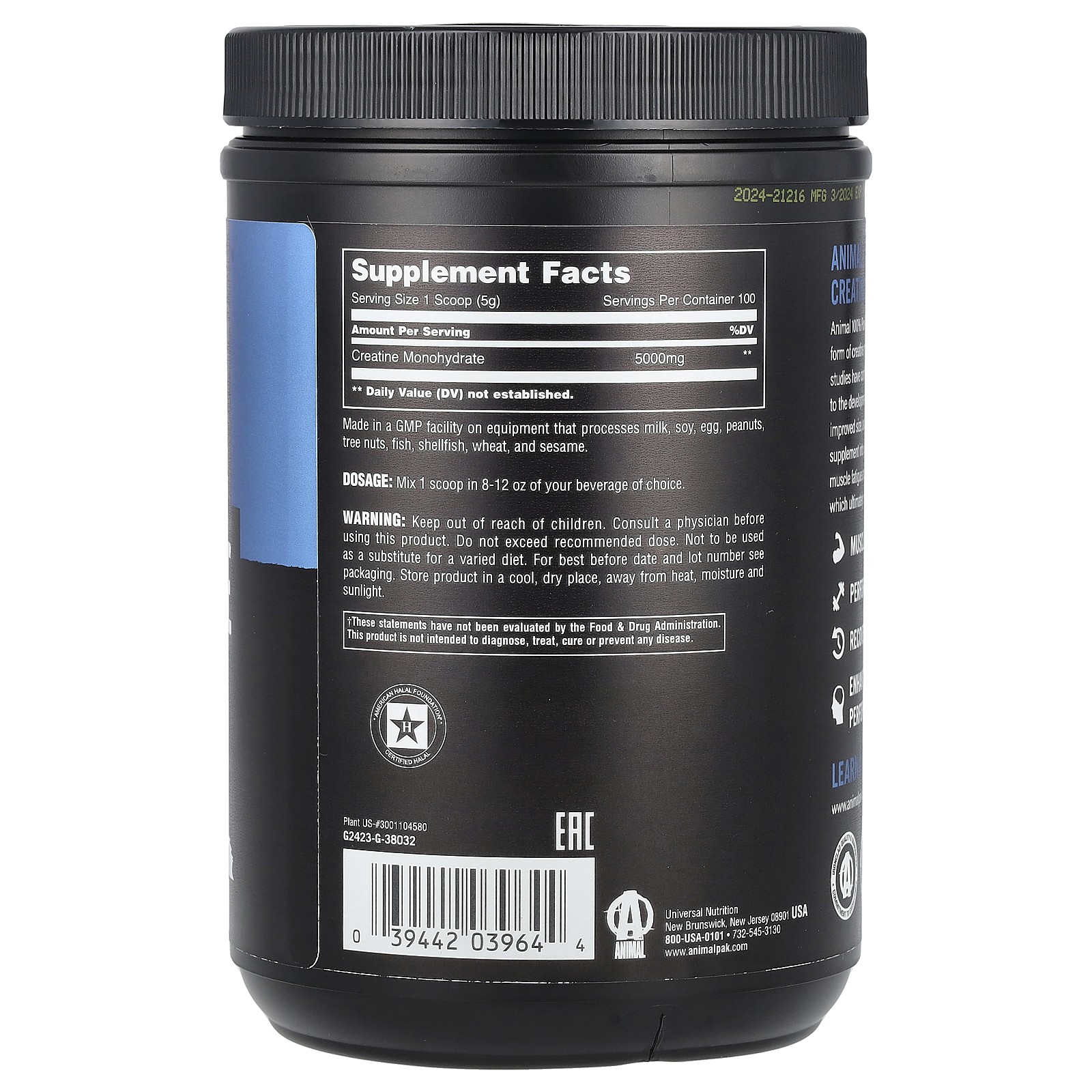 Micronized Creatine, Monohydrate Powder, Unflavored, 1.1 lb (500 g)