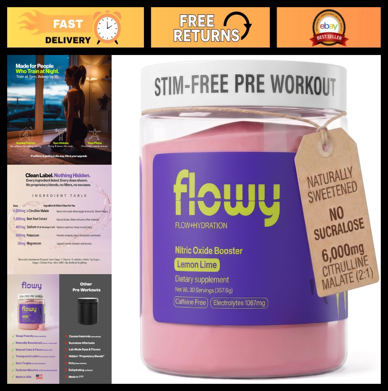 Caffeine-Free Pre Workout Powder | 6000mg L-Citrulline + Electrolytes | Lemon Li