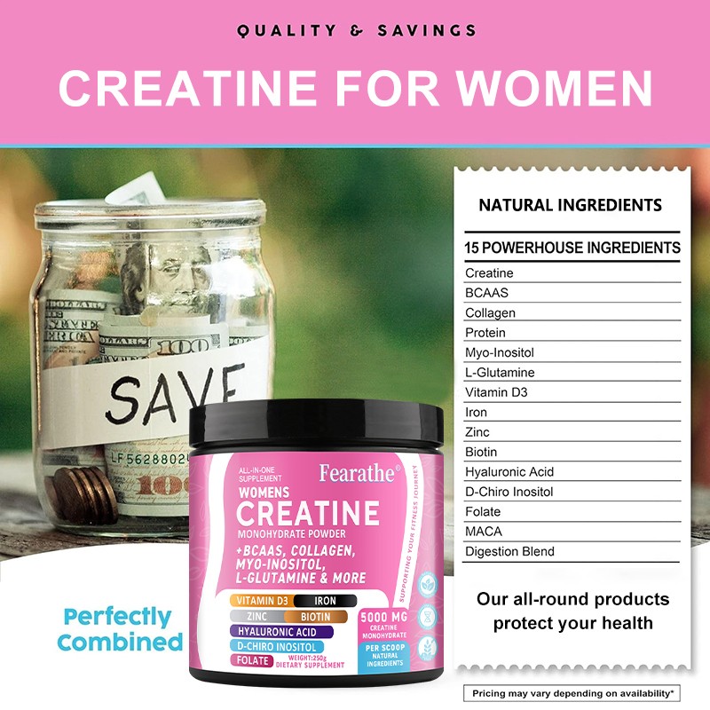 Creatine Monohydrate Powder for women, with biotin HYALURONIC ACID, L-GLUTAMINE