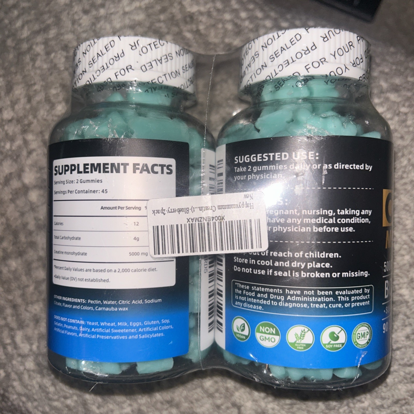 (2 Pack)Happyummmm Creatine Monohydrate 5000MG •120c•Blueberry Flavor(Exp 09/26)