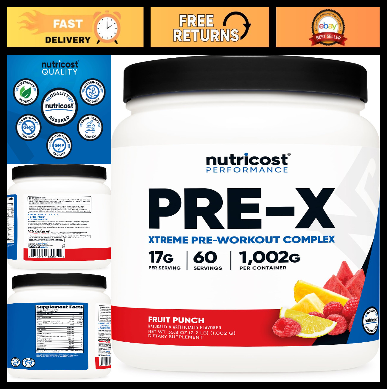Pre-Workout Complex Powder – Fruit Punch, 60 Servings, Vegetarian, Gluten-Free,