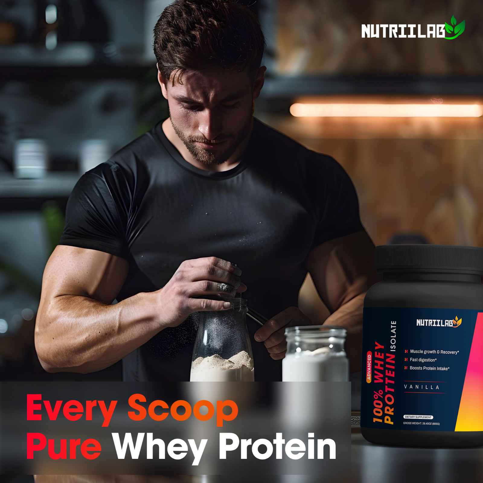 NutriiLab 100% Whey Isolate Protein Powder Vanilla Chocolate Lactose Free 24 Srv