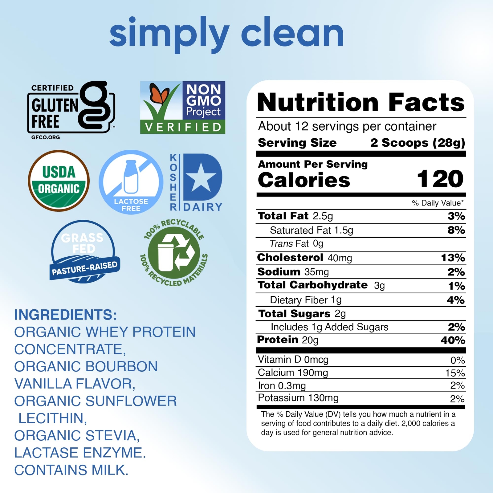 Lactose Free Organic Whey Protein Powder 20g Protein Natural Sweeteners