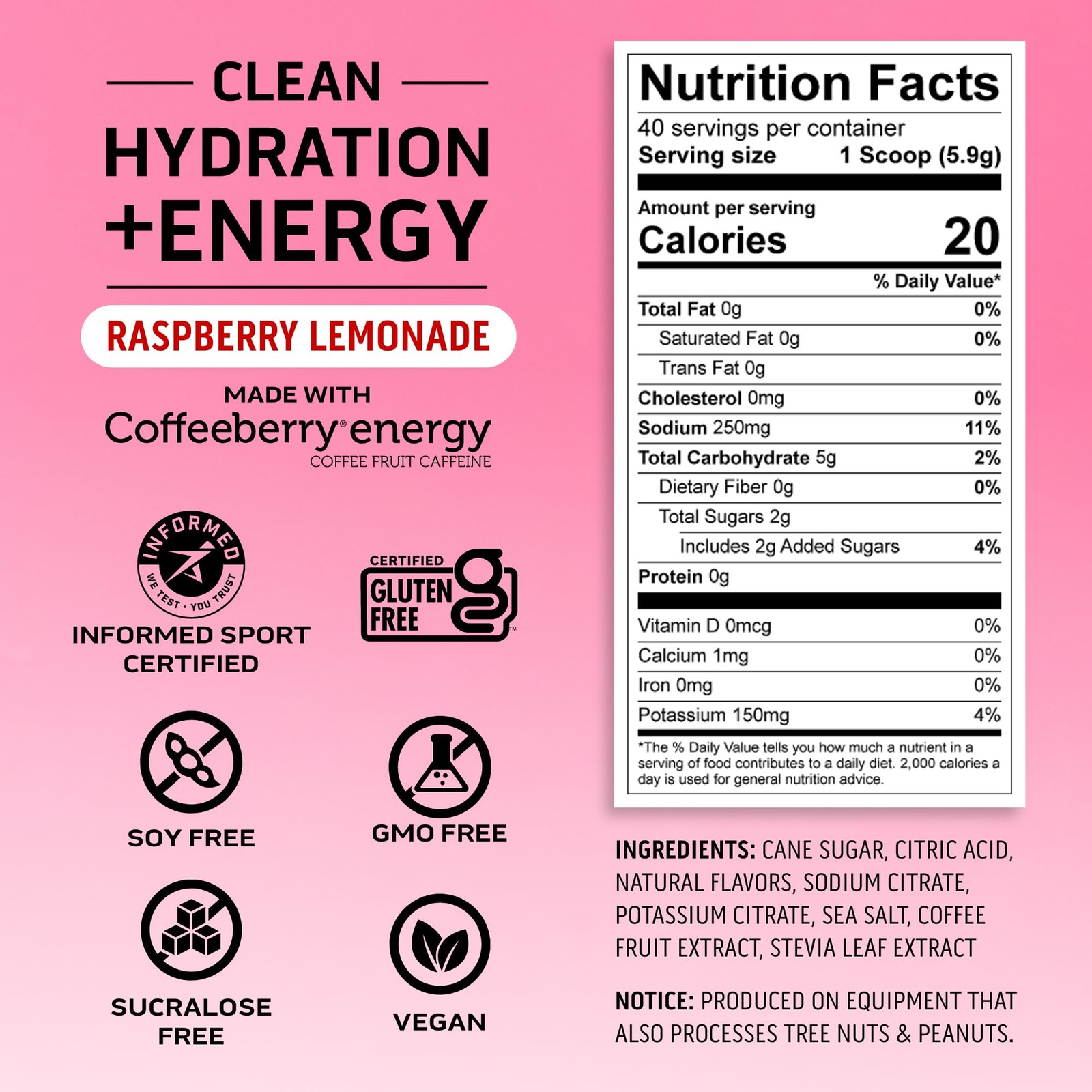 Ascent Clean Hydration + Energy Electrolytes Powder – 100mg Caffeine, 400mg Elec