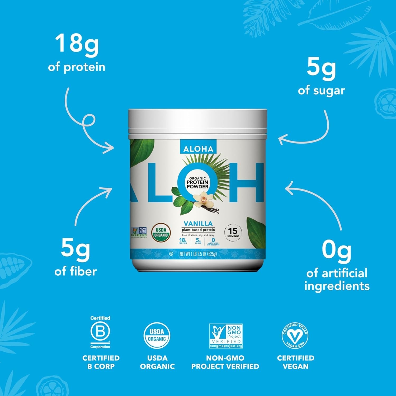 ALOHA Organic Plant Based Protein Powder, Stevia Free, Vanilla, 19.6 oz, 15 Serv