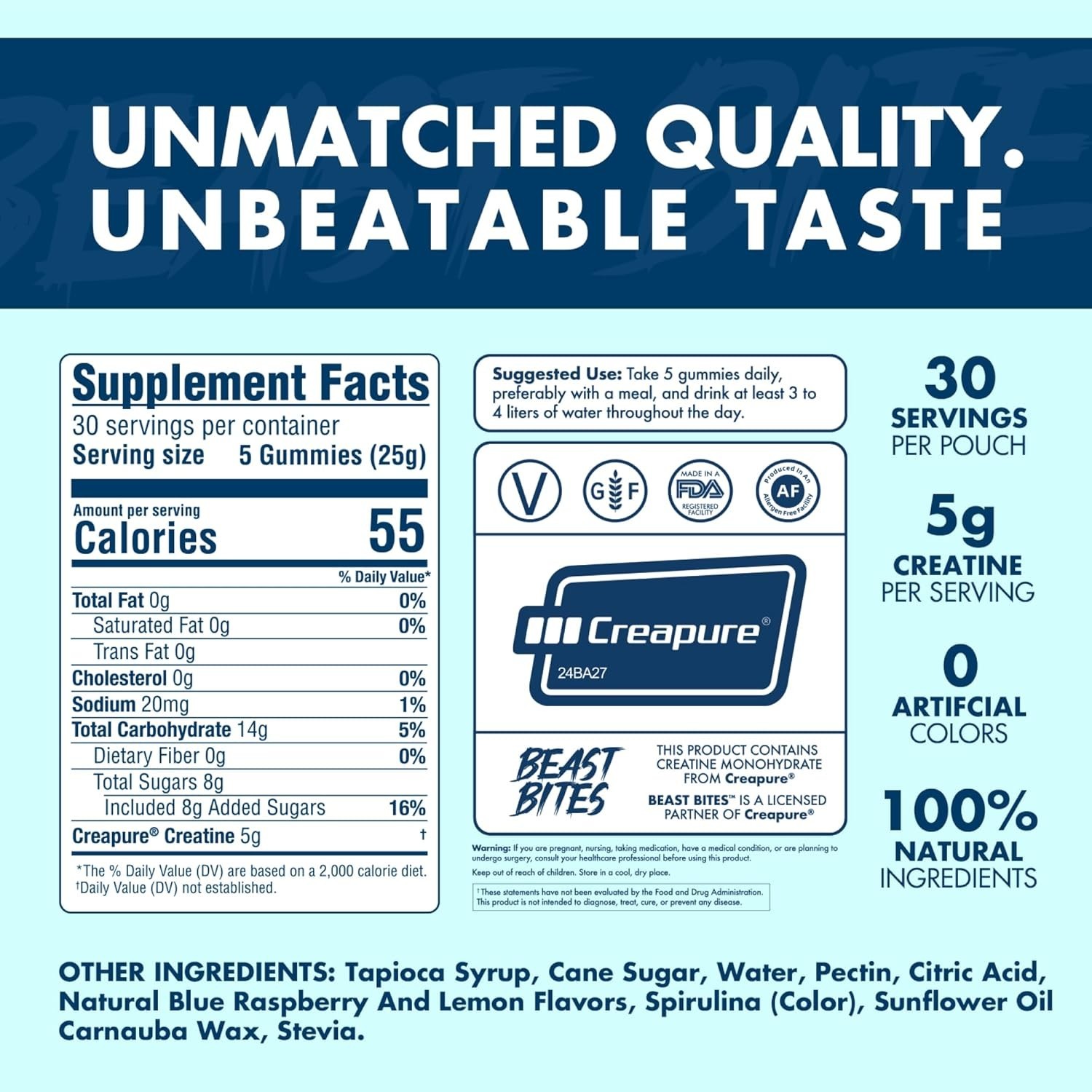 1-3 PACKS-Beast Bites Creatine Infused Gummies Sweet Blue Raspberry – 30 Serving