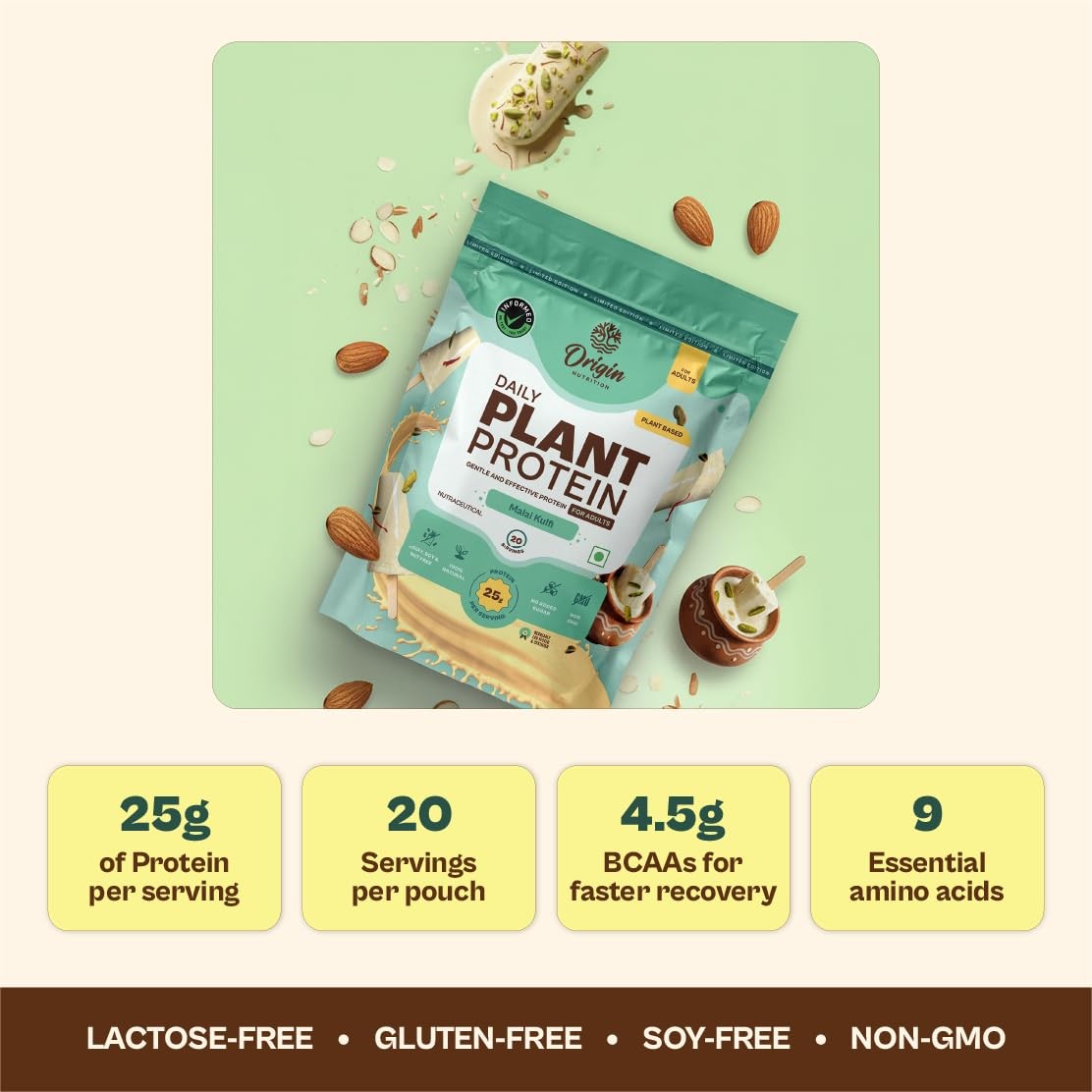 Origin Nutrition Vegan Protein Powder Kulfi Flavor 25g Protein 20 Servings