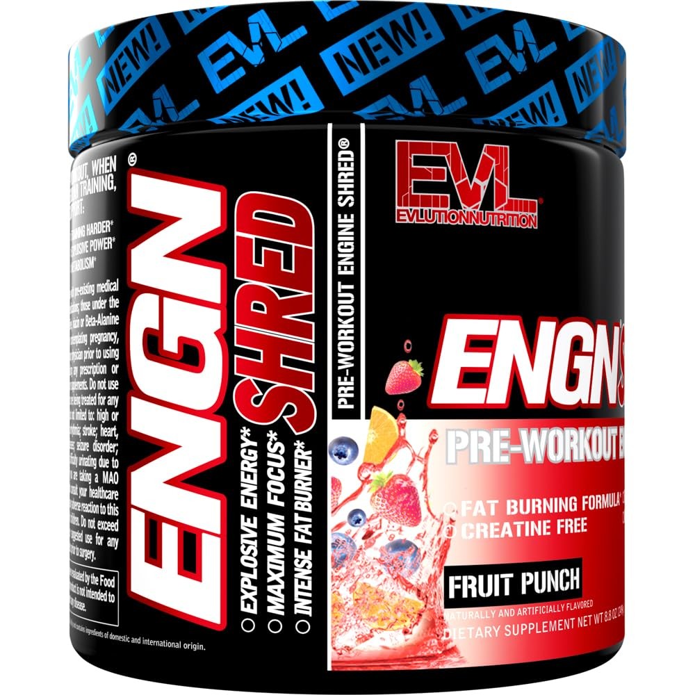 EVL ENGN Shred Pre Workout Supplement Fruit Punch 8.4 Ounce Energy Focus Boost