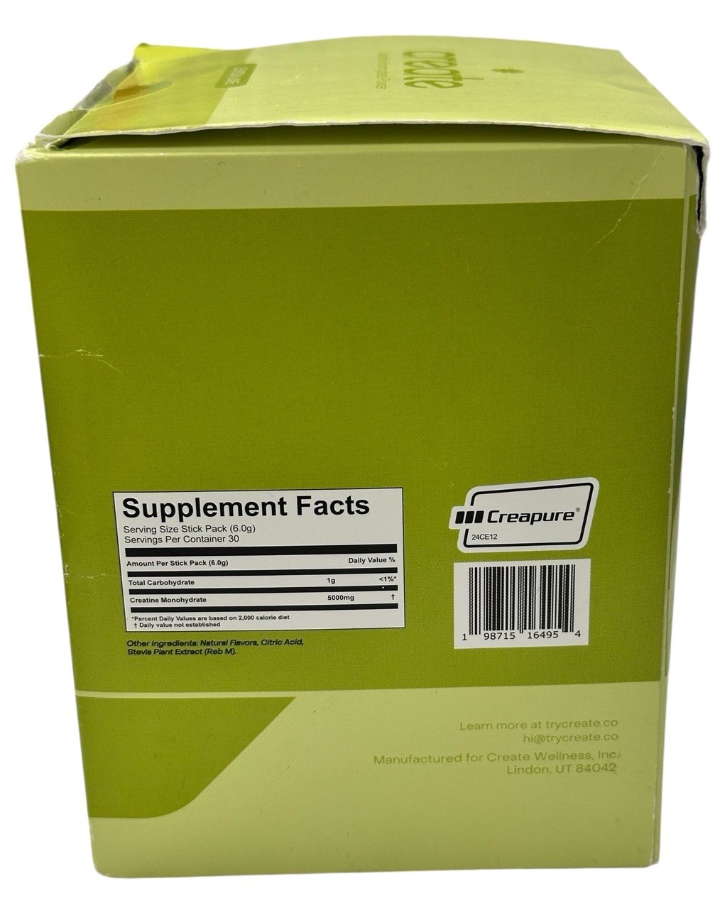 Create Single Serve Creatine Monohydrate Powder 5g Sugar-Free Lemon/Lime 30 Pack
