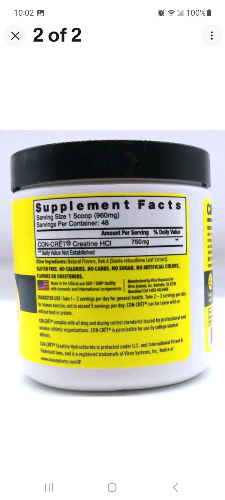 Con-Cret Creatine HCL, 48 Servings, 1.62 Oz, Lemon Lime, Exp. 7/28