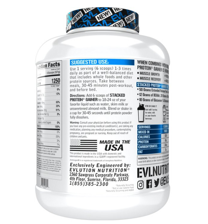 Evlution Nutrition Stacked Protein Gainer, 50 Grams Whey Protein Powder Complex,