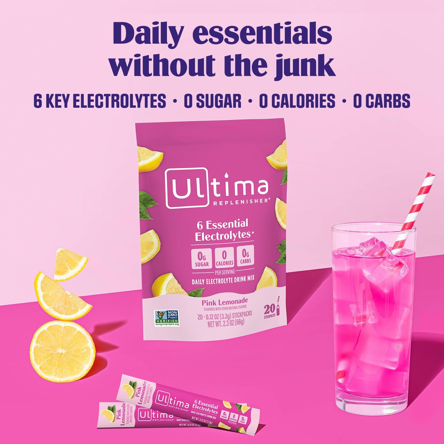 Electrolyte Hydration Powder, Pink Lemonade, 20 Count Stickpacks Pouch – Sugar F
