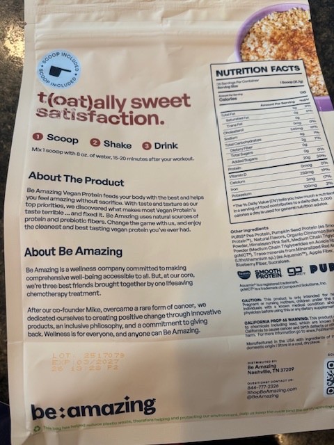 Be Amazing Vegan Protein Powder 20g Brown Sugar Oatmeal Flavored, 25 Servings