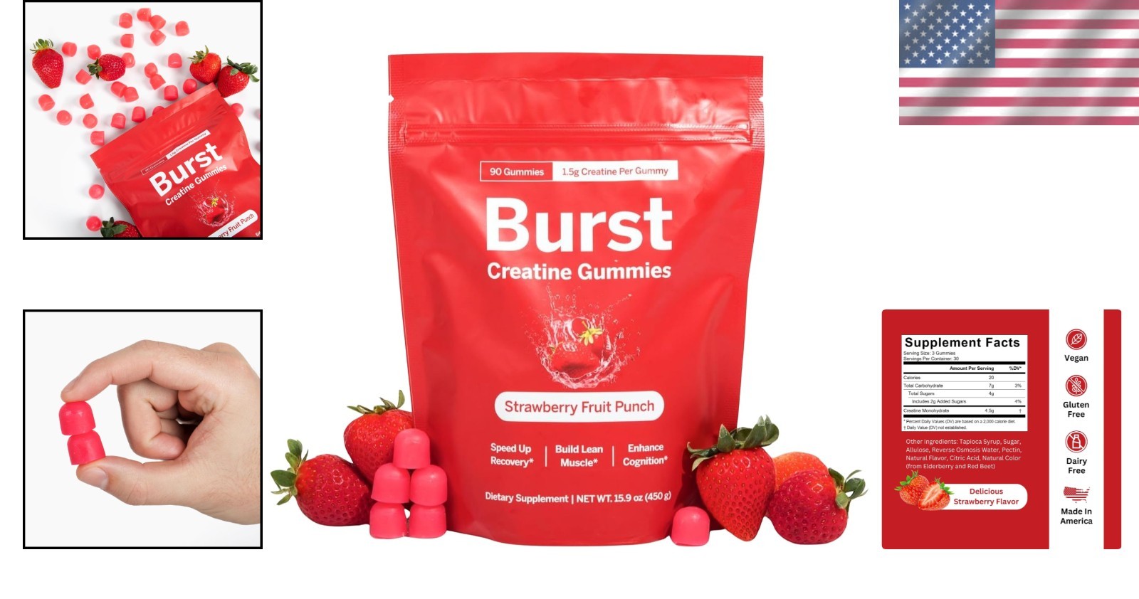 Natural Creatine Gummies for Strength & Recovery – Strawberry Flavor, 90 Gummies
