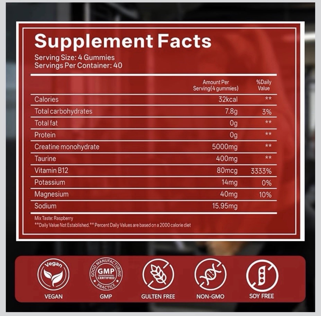 Gabe Sunnybears Creatine Monohydrate Gummies Raspberry 160 ct 5000mg NSF