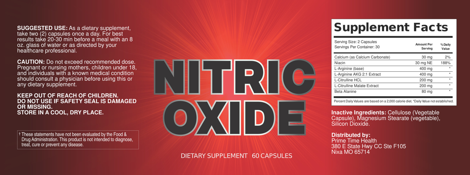 Nitric Oxide Booster by Prime Time Health 60 Capsules 30 Day Supply