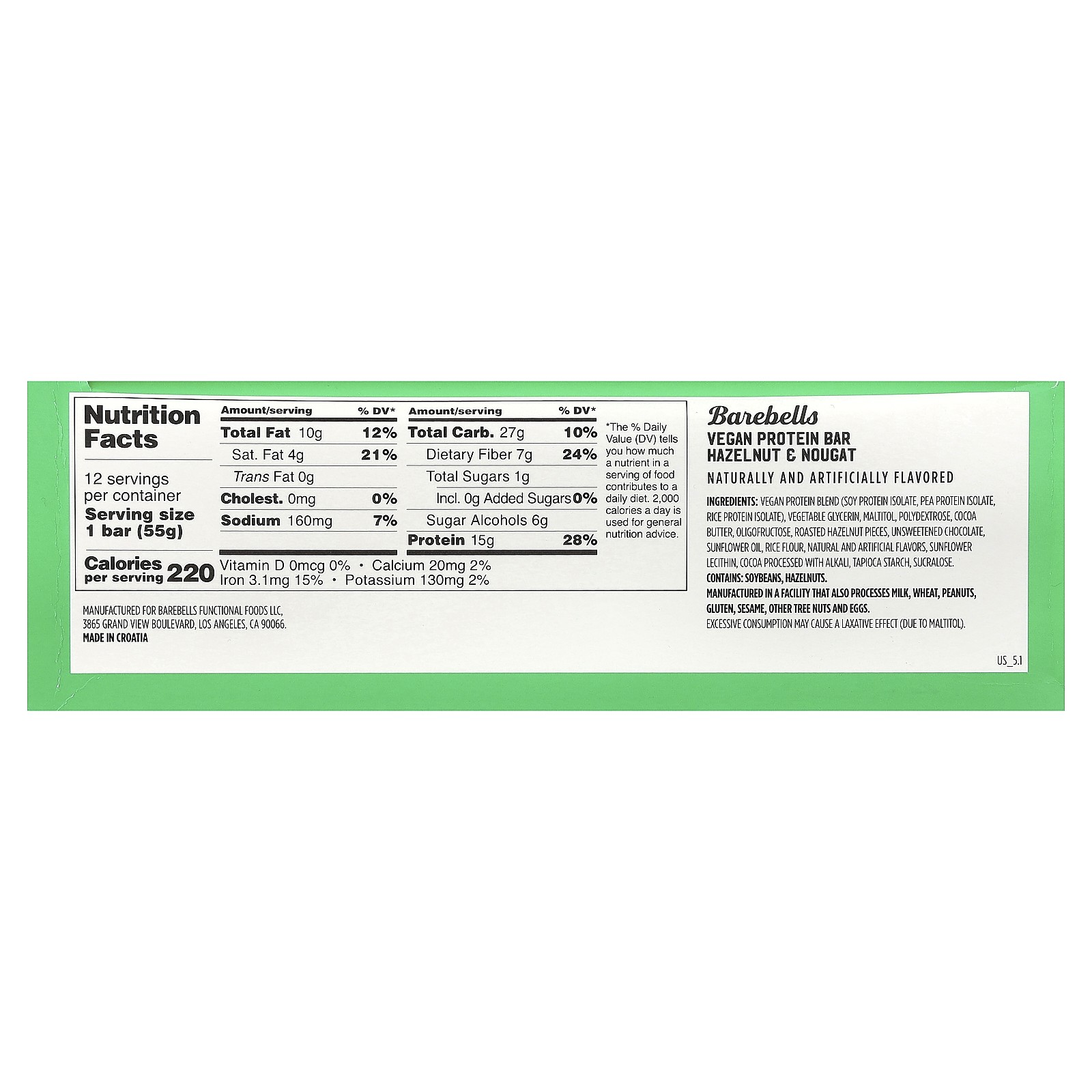 Vegan Protein Bar, Hazelnut & Nougat, 12 Bars, 1.94 oz (55 g) Each