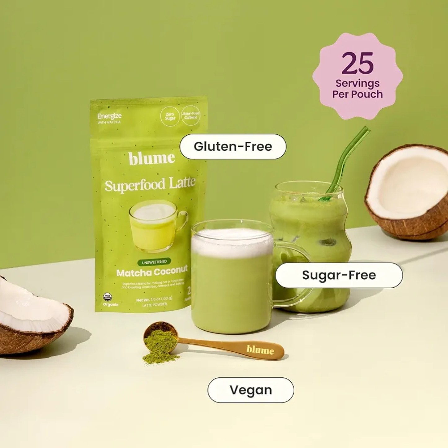 Blume SUPERFOOD LATTE BLEND 3.5 oz (25 Ser) Matcha Coconut Flavor BEST BY 08/26