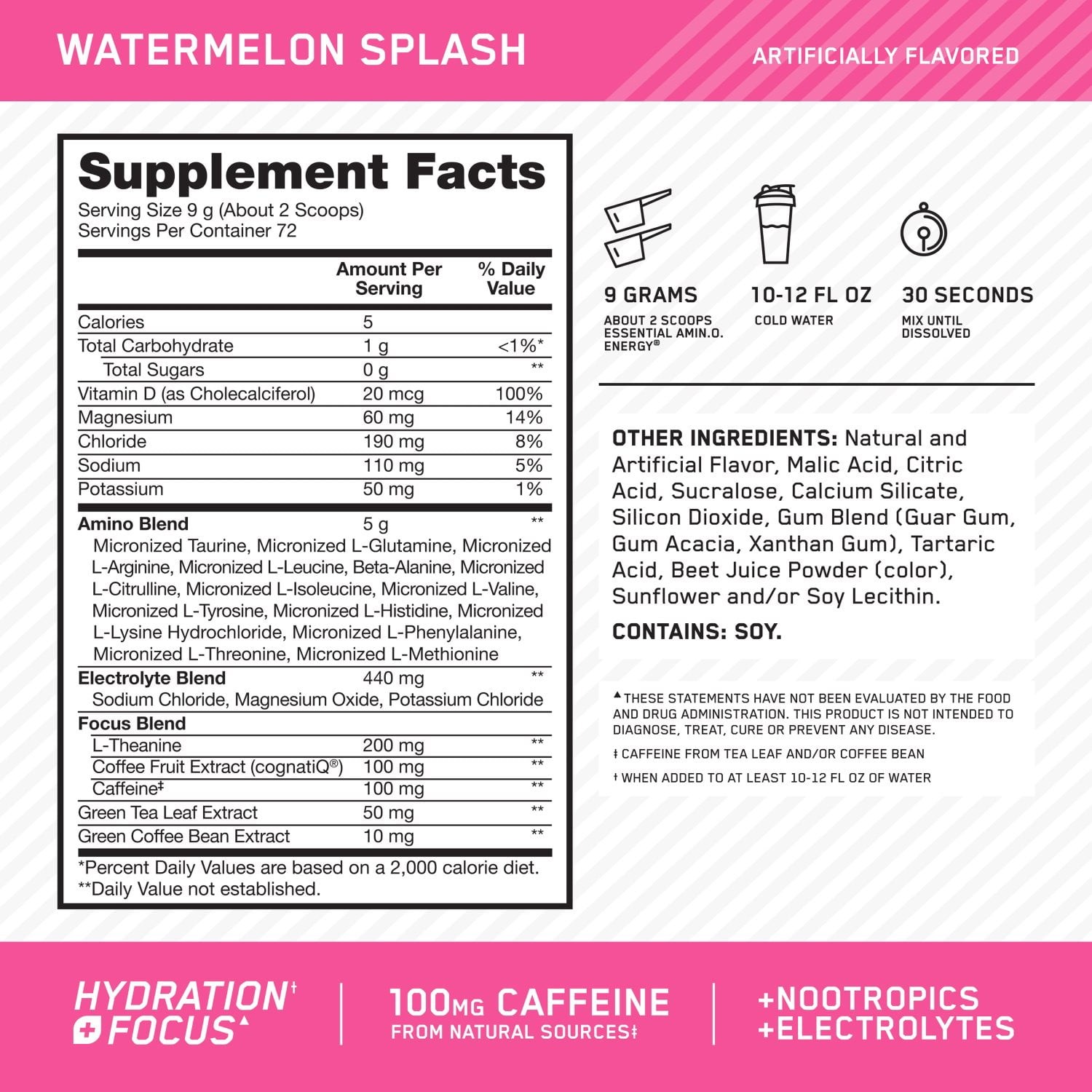 Optimum Nutrition Amino Energy + Focus Pre-Workout Watermelon Sugar-Free 1.4lb