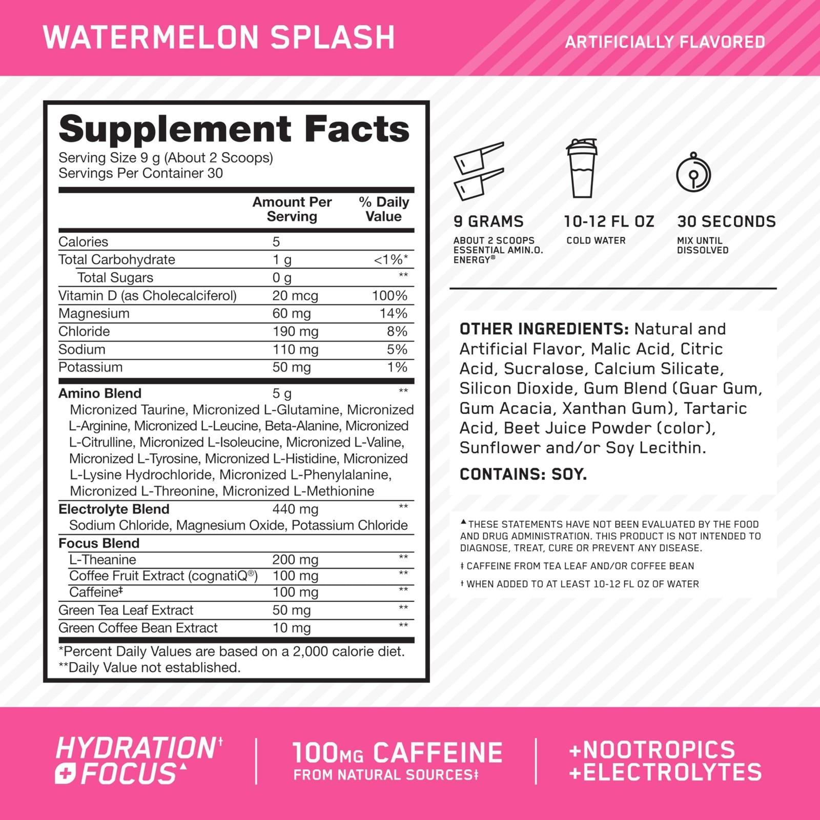 Amino Energy Powder with BCAAs, Electrolytes & Caffeine – Watermelon Flavor, 30
