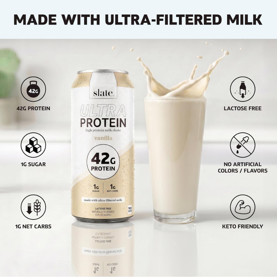 Slate 42G Ultra Protein Shakes – Breakfast Boost, Vanilla (15 fl oz), 12 Cans