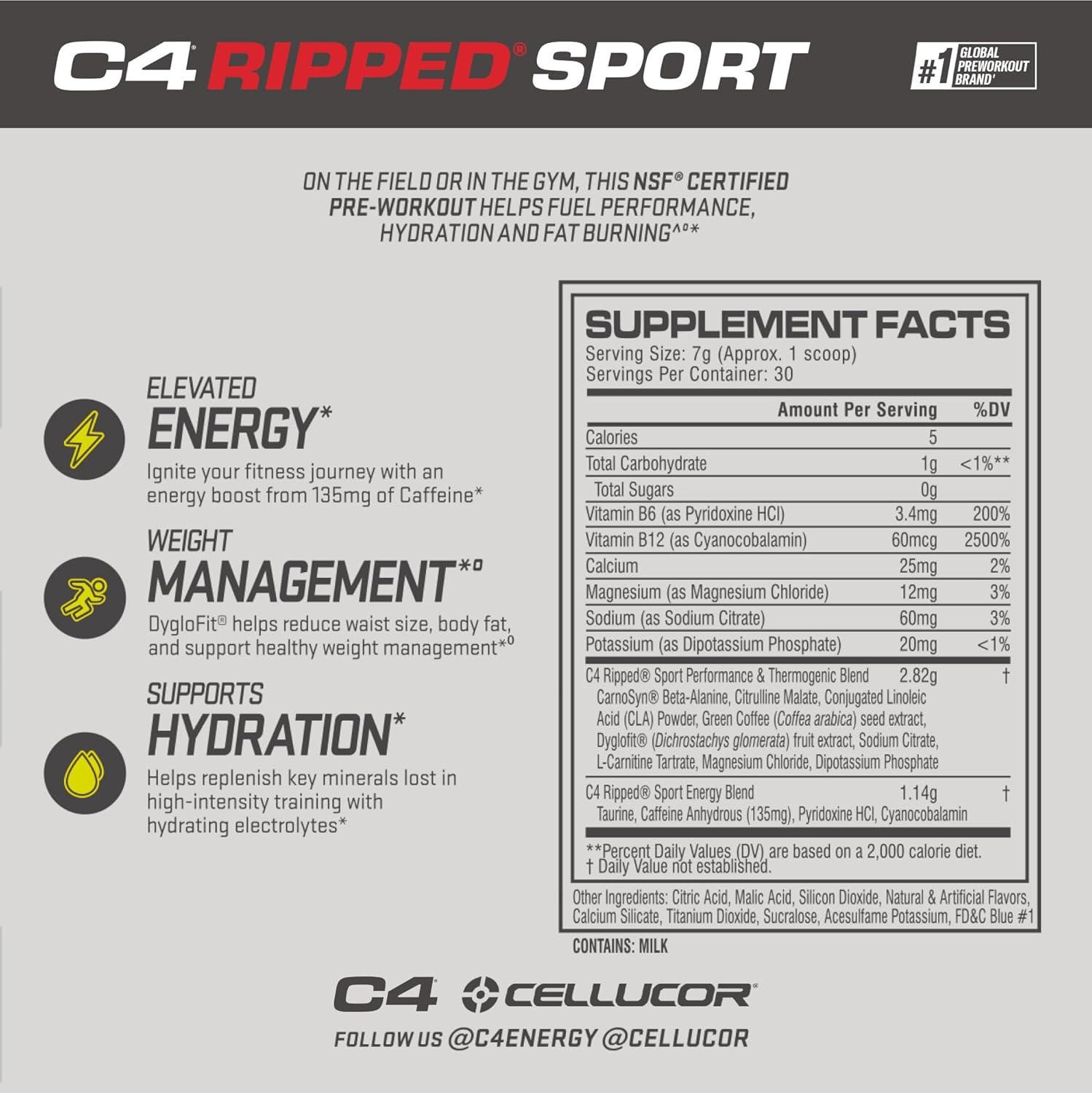 C4 Ripped Sport Pre Workout Powder Arctic Snow Cone – NSF Certified for Sport +