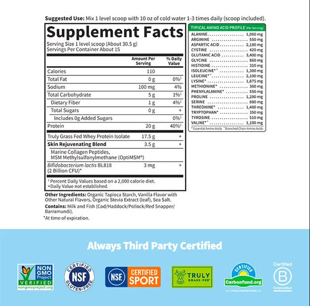 Sport Grass Fed Whey+ Skin Protein Powder – Vanilla