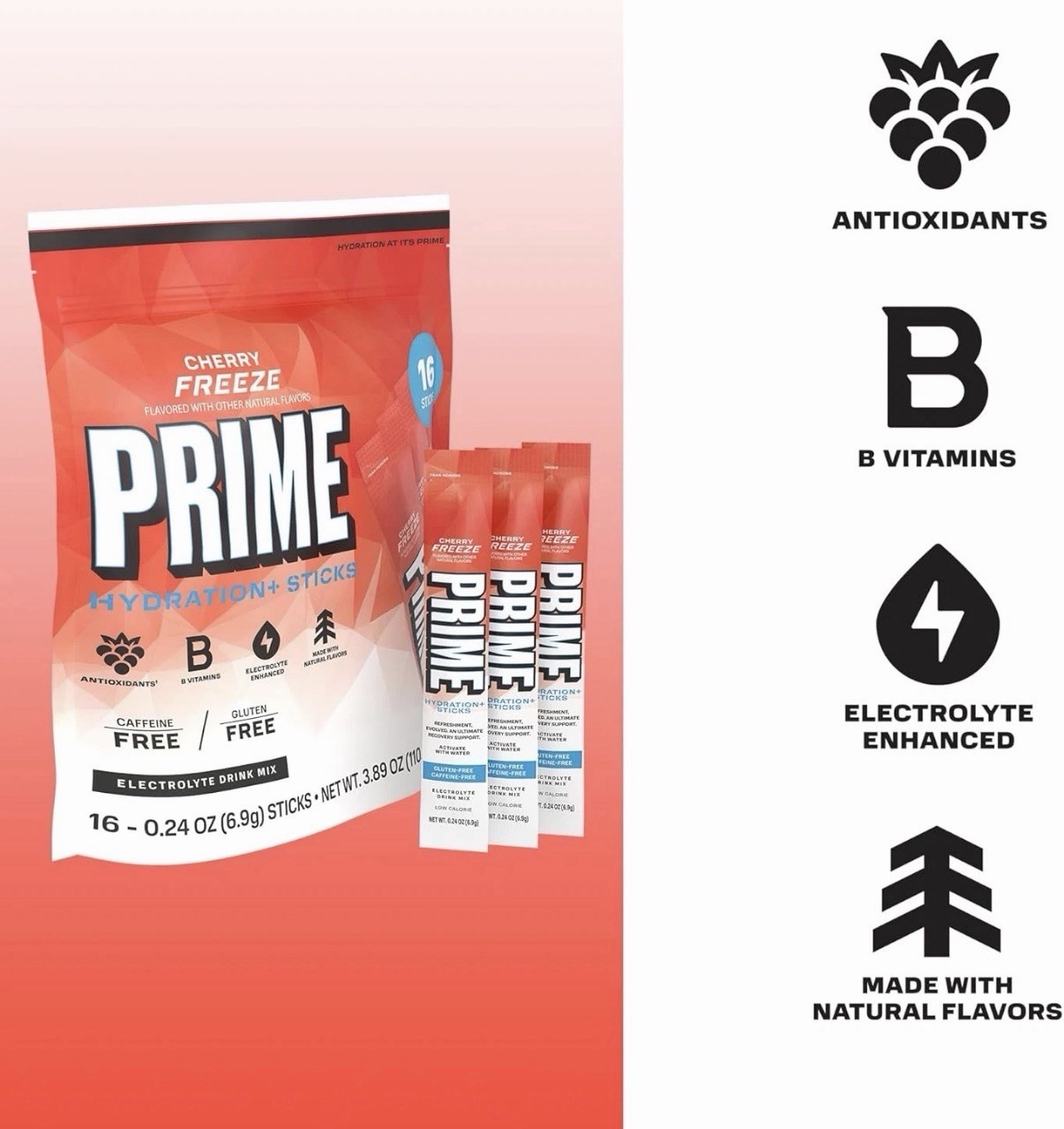 PRIME Electrolyte Hydration Powder Mix 16 Sticks Caffeine-Free Cherry Freeze