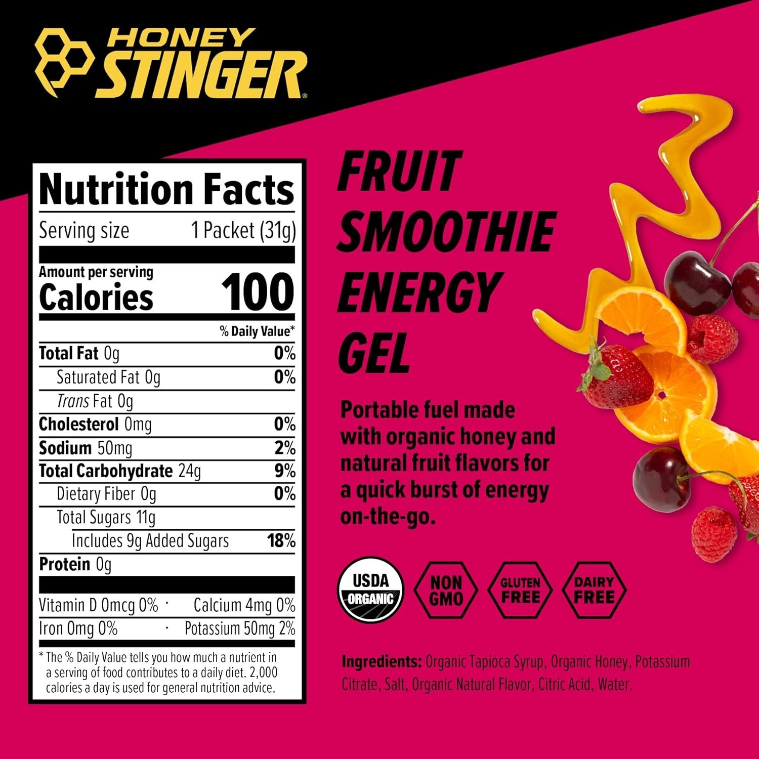 Organic Fruit Smoothie Energy Gel Pack, Gluten-Free & Caffeine-Free, Fast-Act…