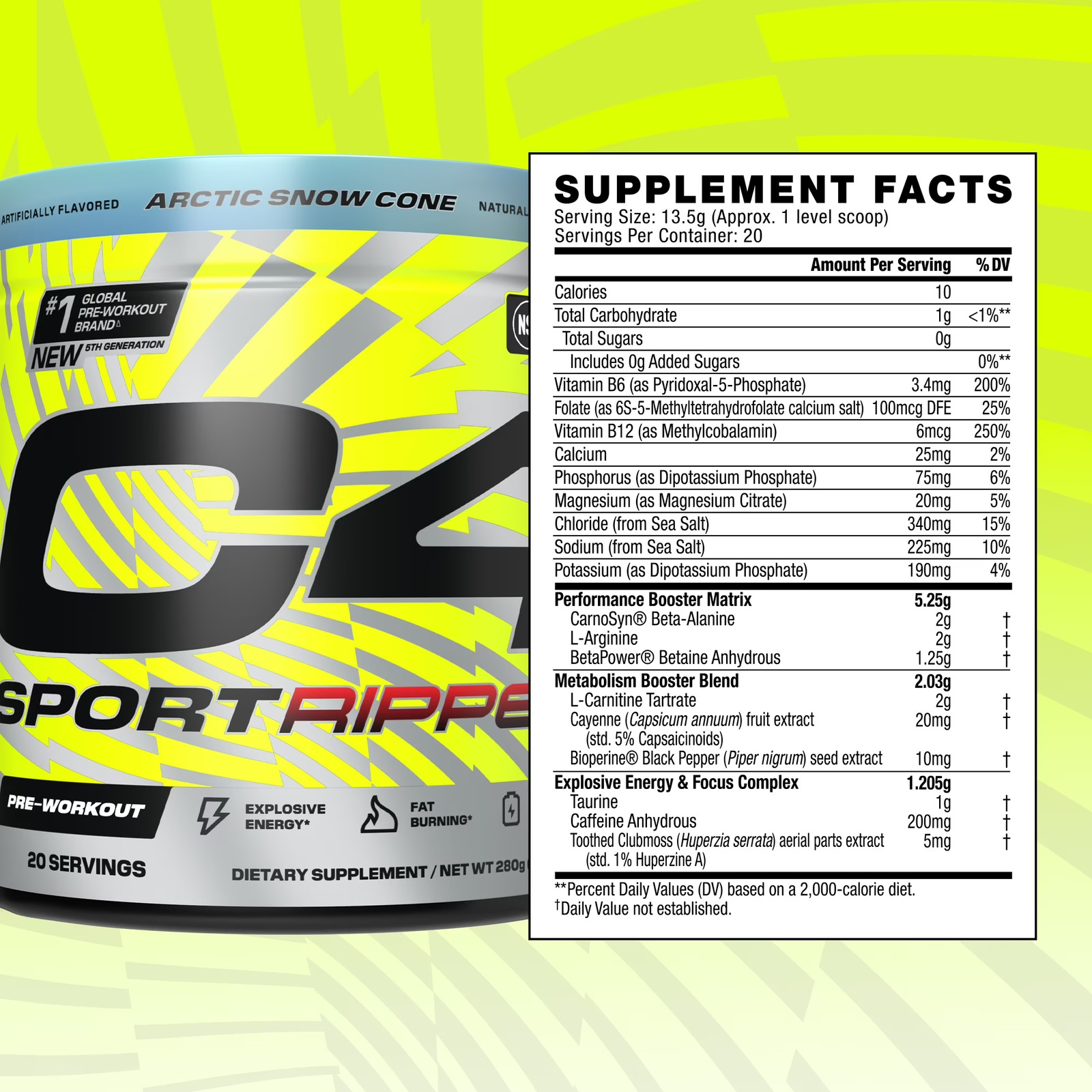 C4 Sport Ripped Pre-Workout Powder, Arctic Snow Cone, 20 Servings