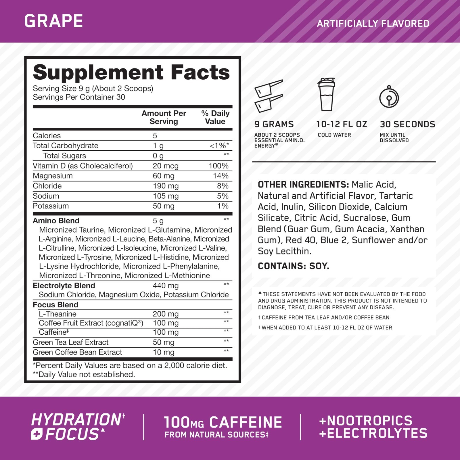 Amino Energy Powder with BCAAs, Electrolytes & Caffeine – Grape Flavor, 30 Servi