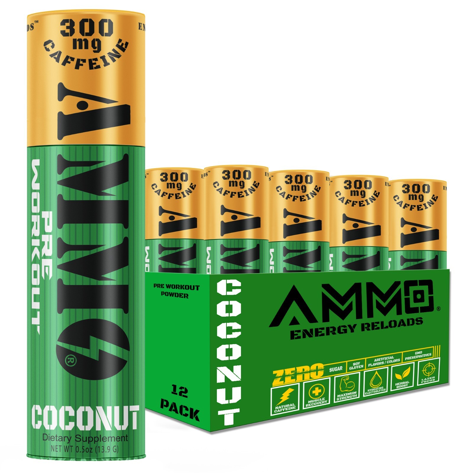 AMMO pre workout Energy Reloads™ Coconut Single 12ct 300mg Caffeine Zero Sugar