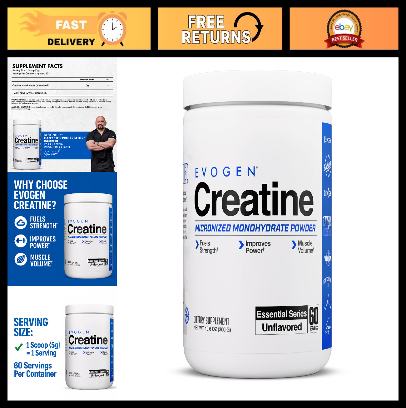 Micronized Creatine Monohydrate Powder | Unflavored | 60 Servings | Strength & R