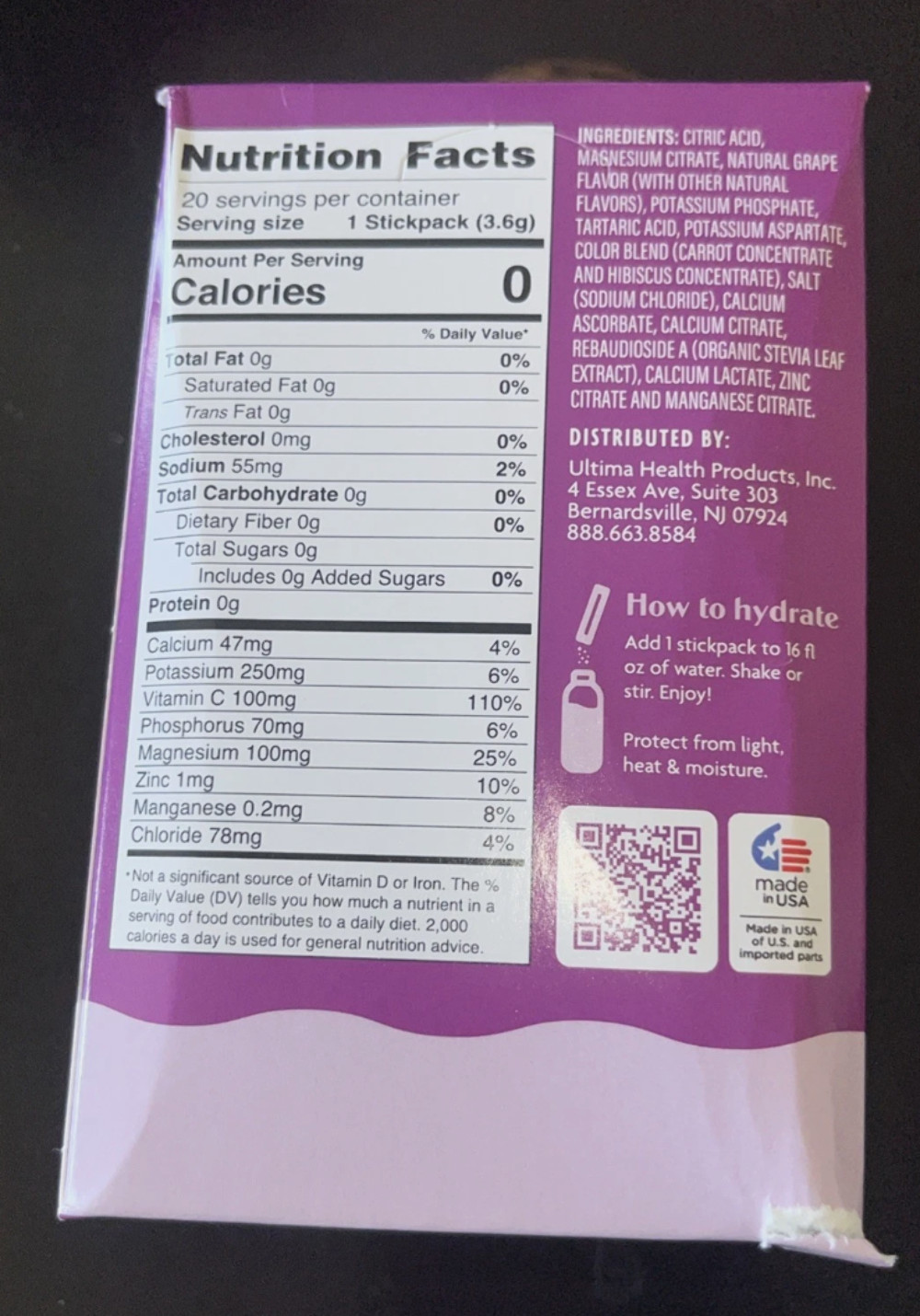 8/26 Ultima Replenisher Hydrating Electrolyte Powder, Grape, 20 Count Box.