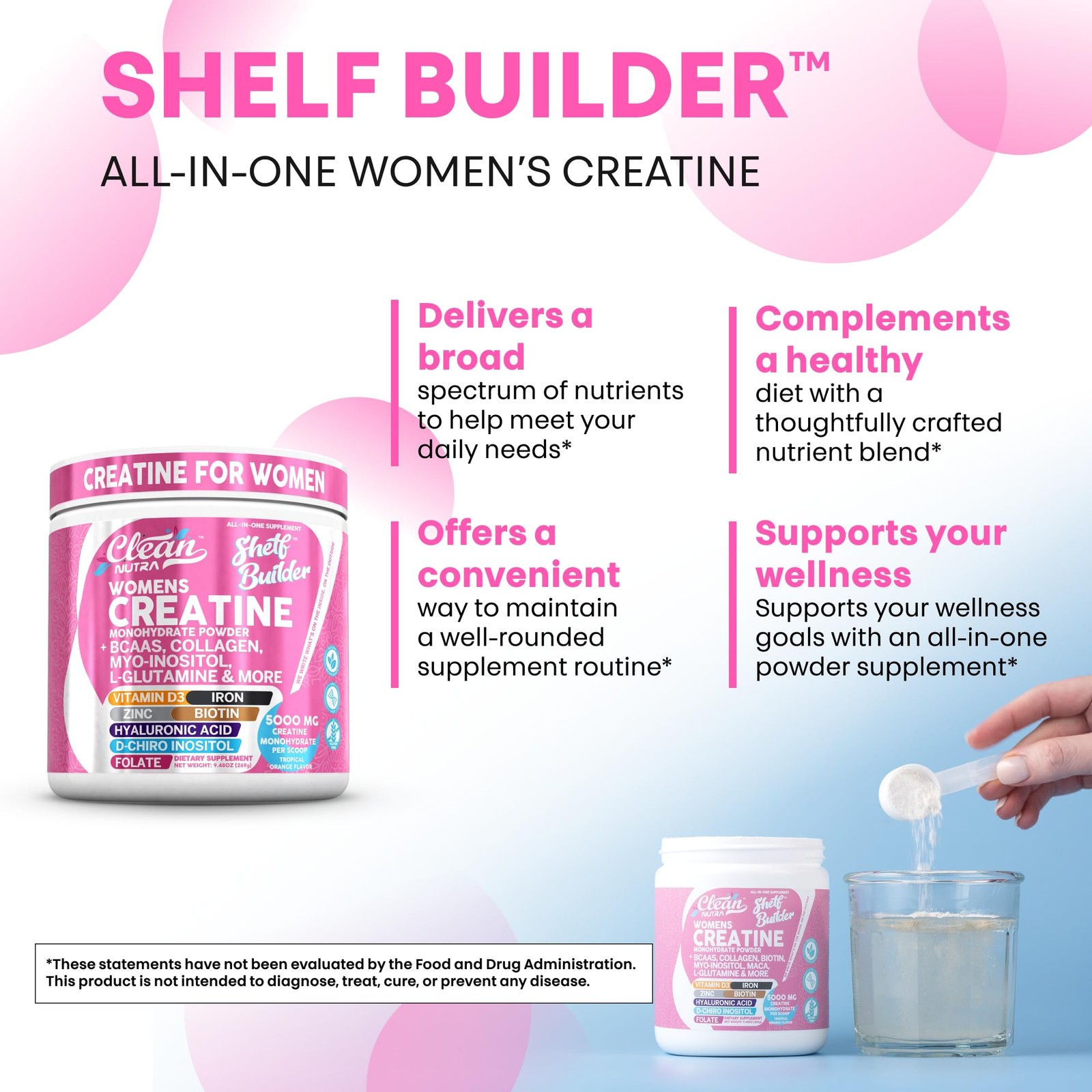 Monohidrato De Creatina Polvo BCAA Colágeno Biotina Ácido Hialurónico Para Mujer