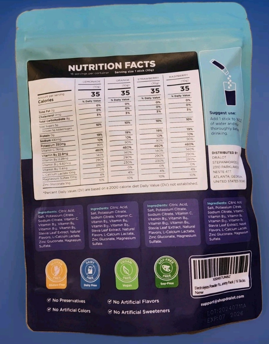 Sugar Free Electrolyte Drink Powder Sticks Vegan Soy Free, Vitamins & Nutrients