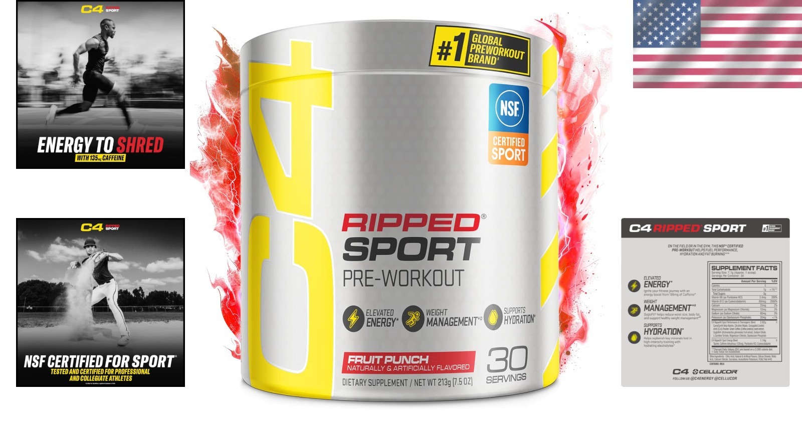 Ripped Sport Pre Workout Powder – NSF Certified, Sugar-Free Energy, 30 Servings